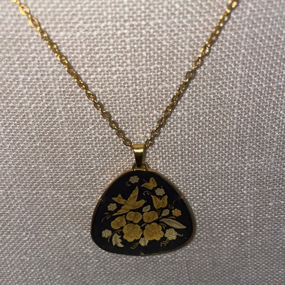 Damascene Spanish Black & Gold-Tone Engraved Inlay Flower Bird Vintage Necklace - Picture 7 of 16
